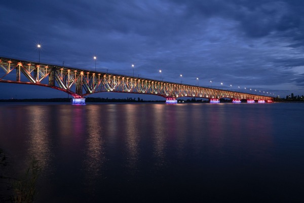 Legions of Marshal Jozef Pilsudski Bridge over Wisla in the night, Plock, Poland